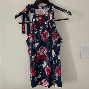 Elegant Floral Halter Top - Navy and Red